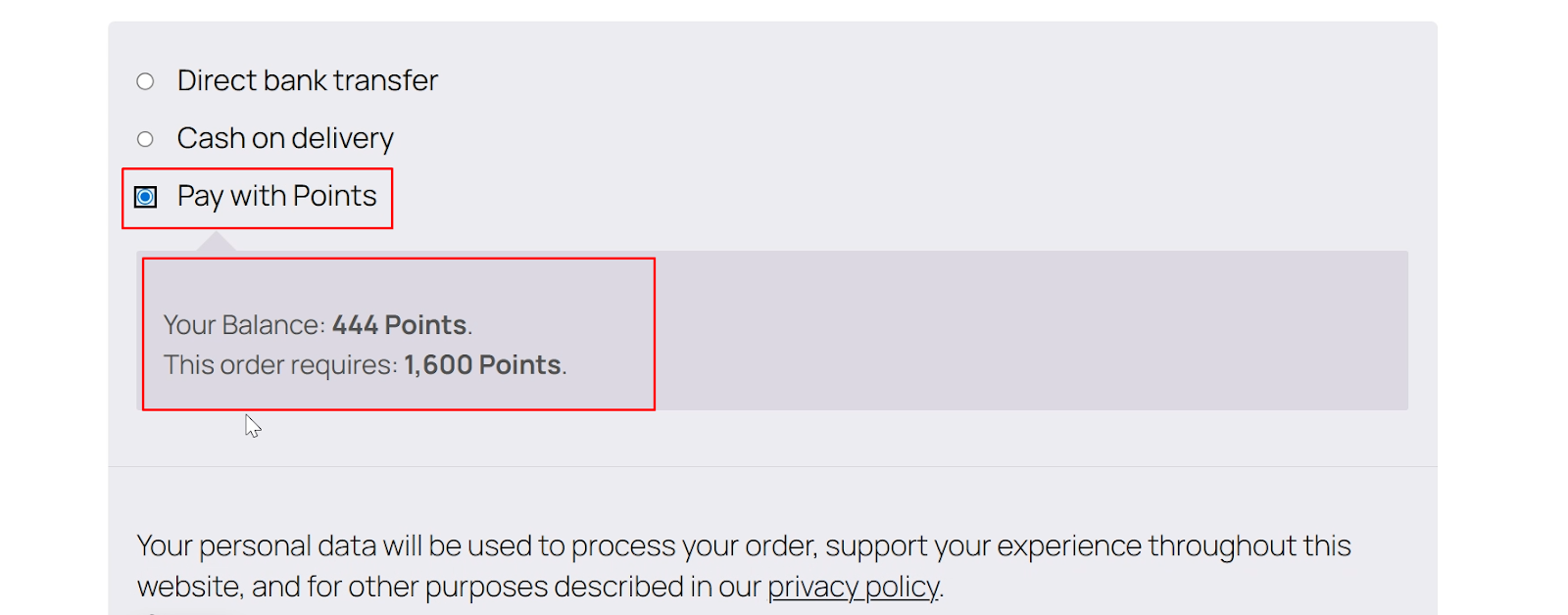 Pay with Points will display