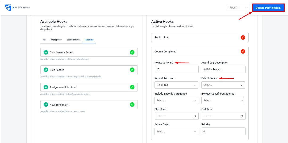 Add Hooks and Update Point System 