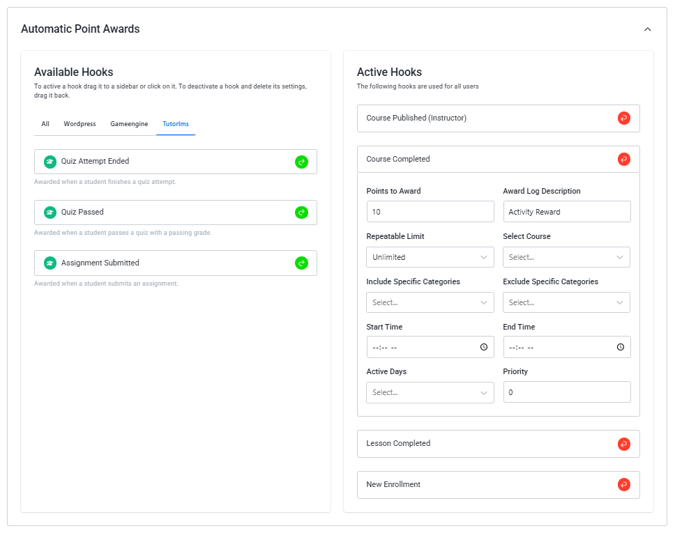 Active Hooks Tutor LMS
