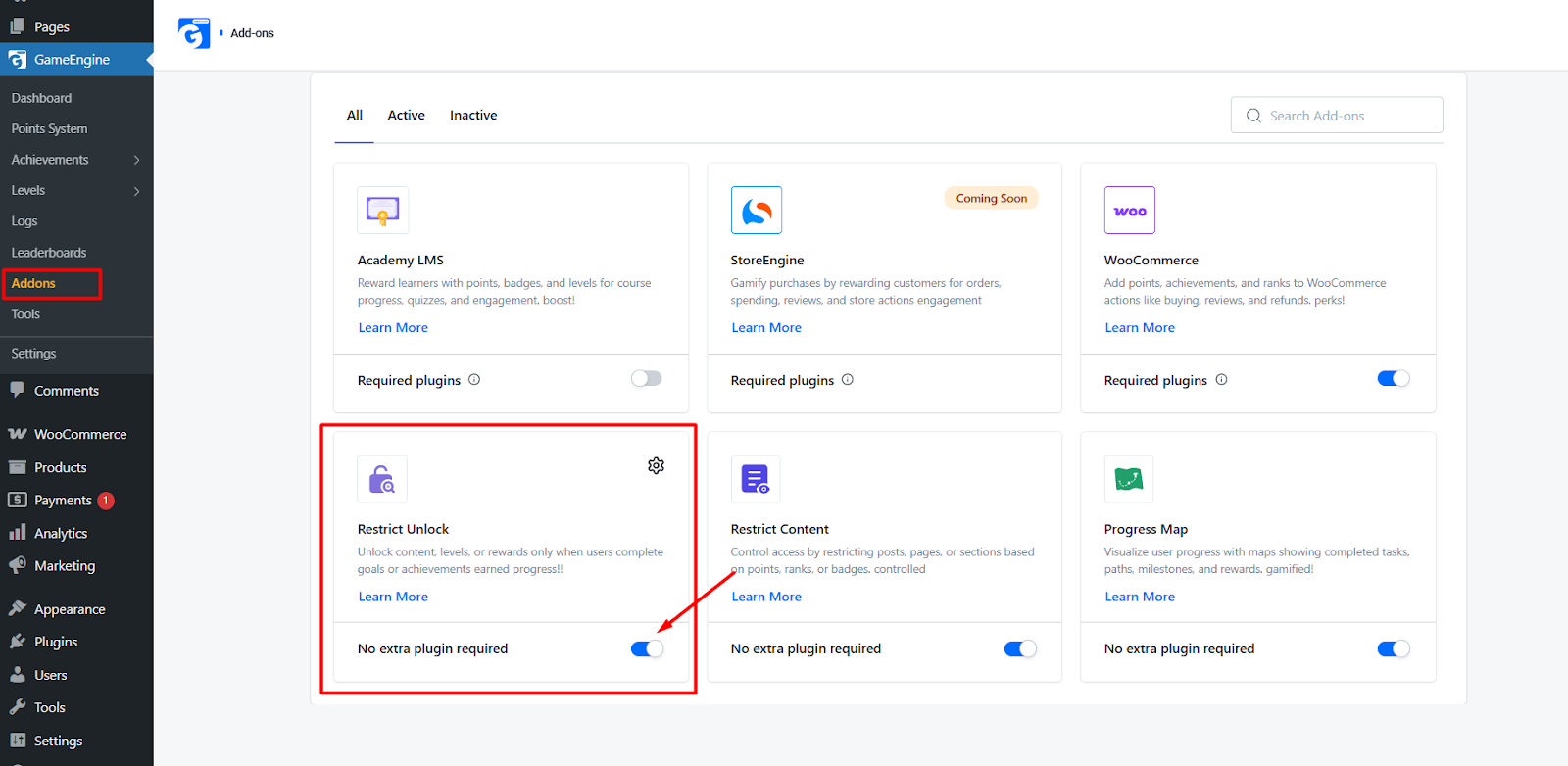 Enable the Restrict Unlock  Addon