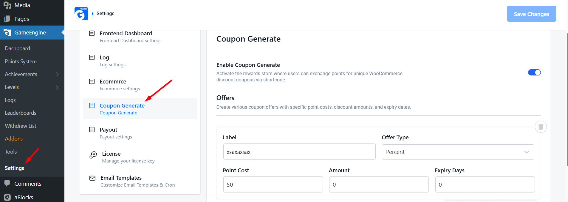 GameEngine Enable Coupon Generate