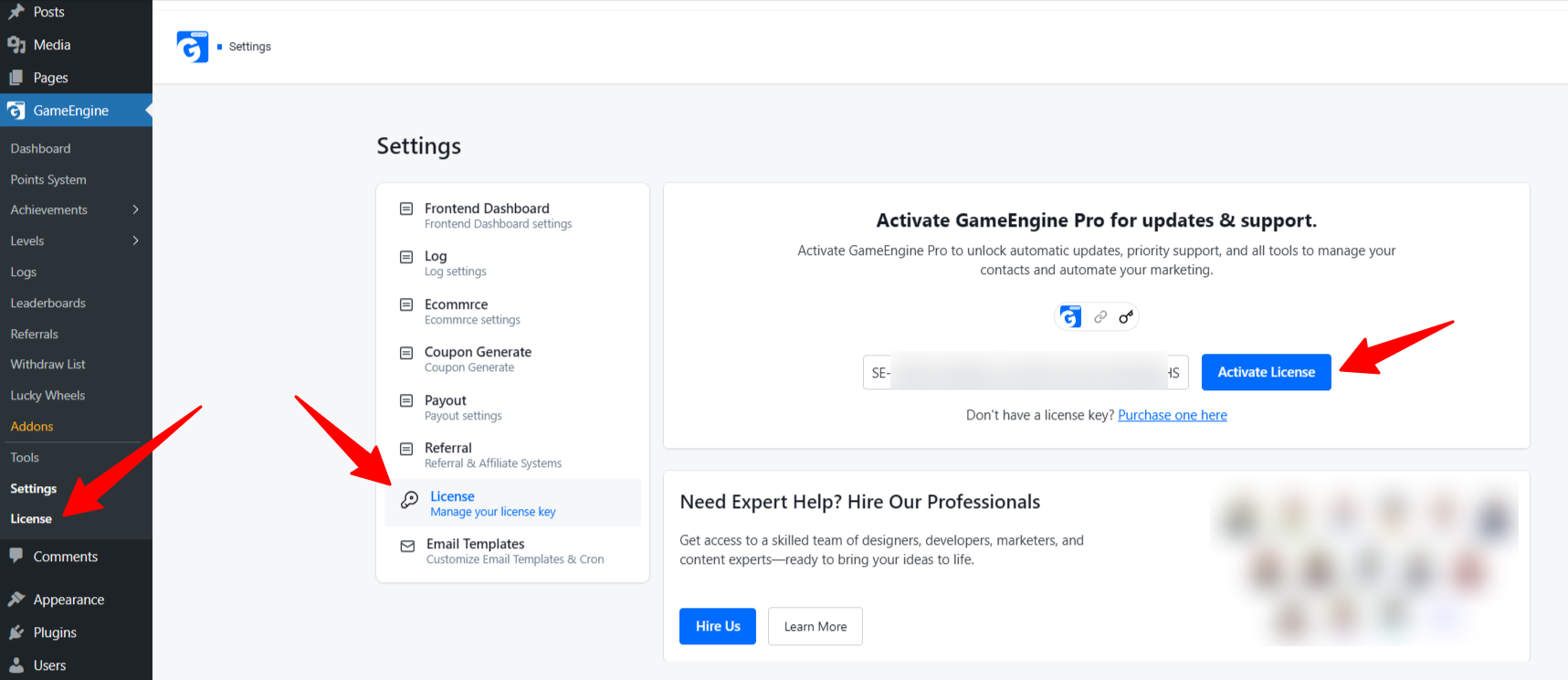 Activate the GameEngine Pro license